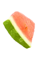 A single wedge slice of watermelon with green rind, white inner rind, and red juicy flesh with a visible seed.