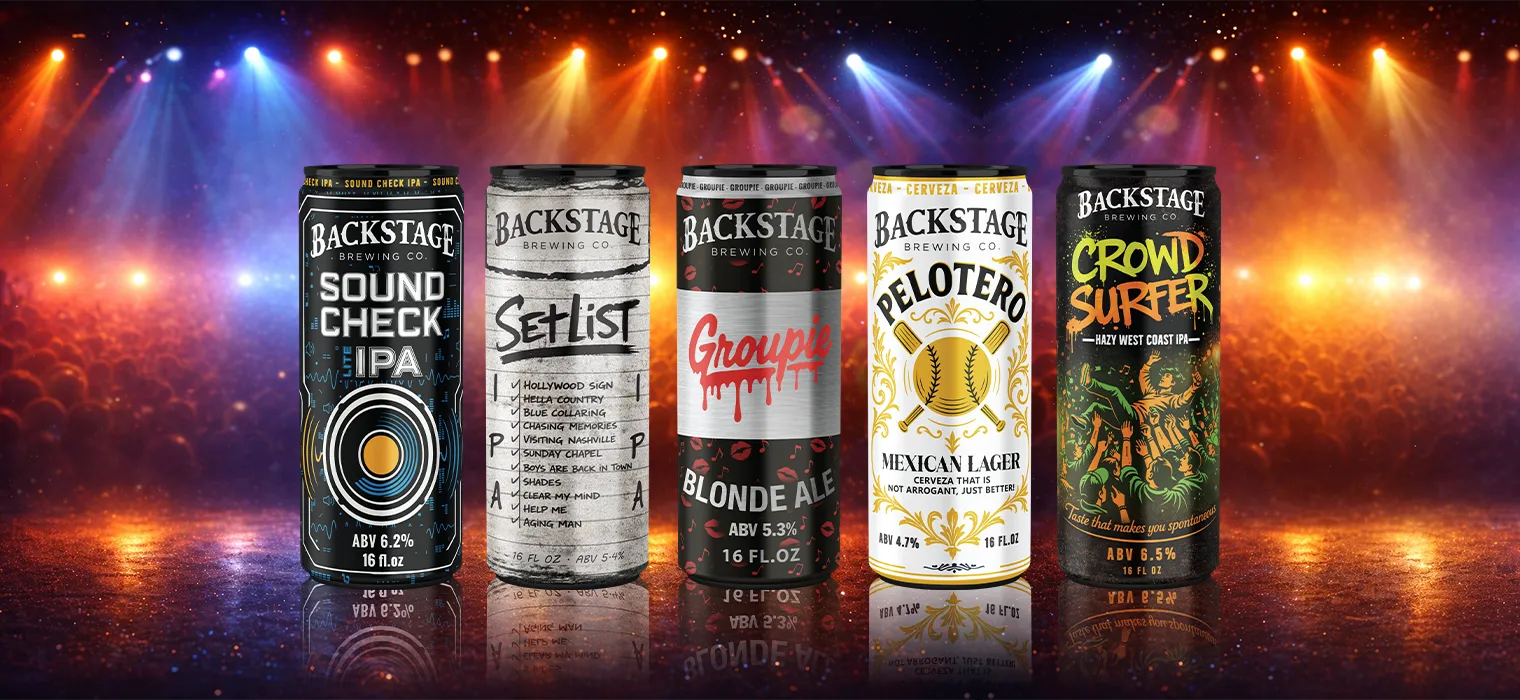 Row of five Backstage Brewing Co. beer cans with stage lights and a cheering crowd background, featuring Sound Check IPA, Set List, Groupie Blonde Ale, Pelotero Mexican Lager, and Crowd Surfer Hazy West Coast IPA.