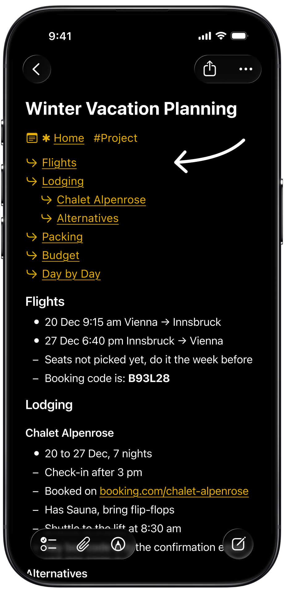 A Winter Vacation Planning note in Apple Notes with a table of contents of section links under the title