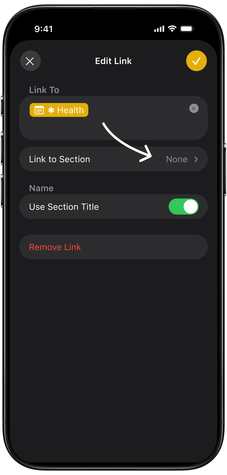 Step 2: the Apple Notes Edit Link sheet for ✱ Health with Link to Section still set to None