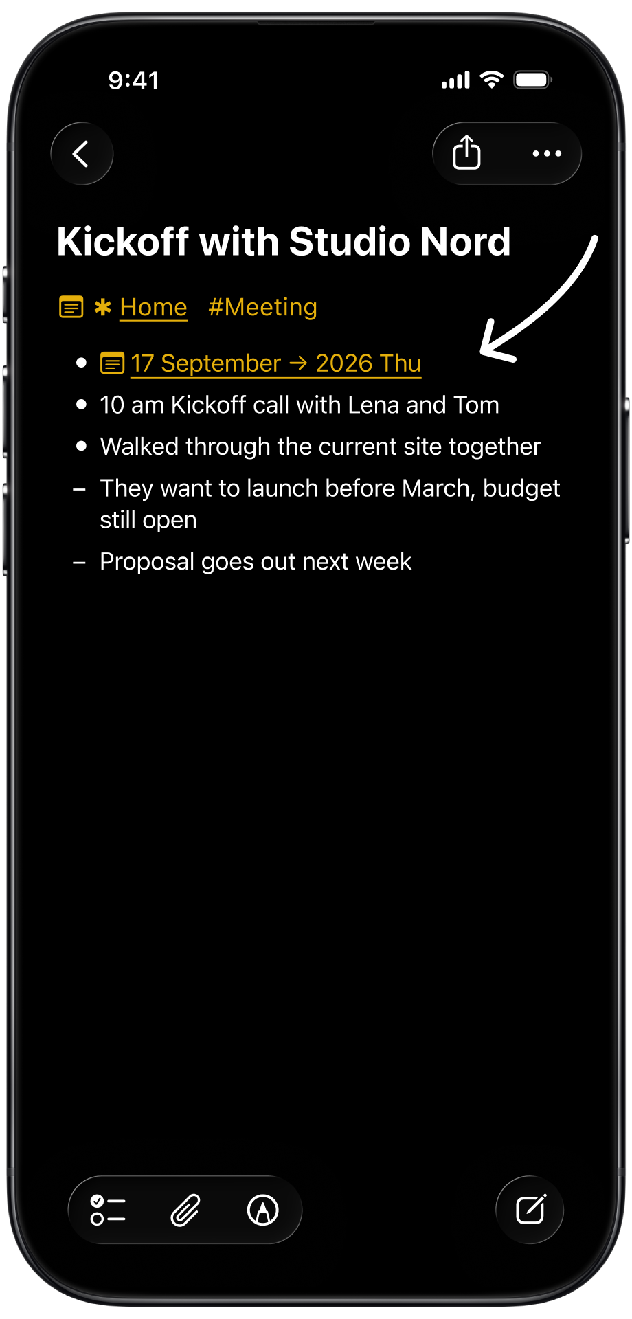 After: the same meeting note with the section backlink 17 September → 2026 Thu