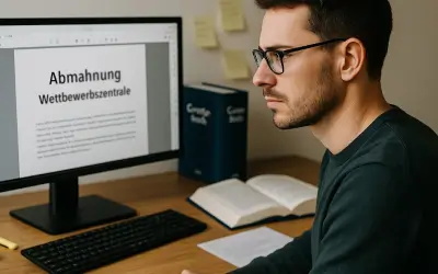 Mann recherchiert Abmahnung der Wettbewerbszentrale