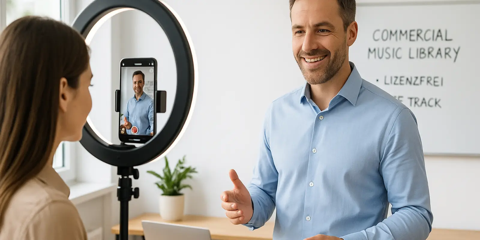 Unternehmer nimmt TikTok Video mit Musik auf