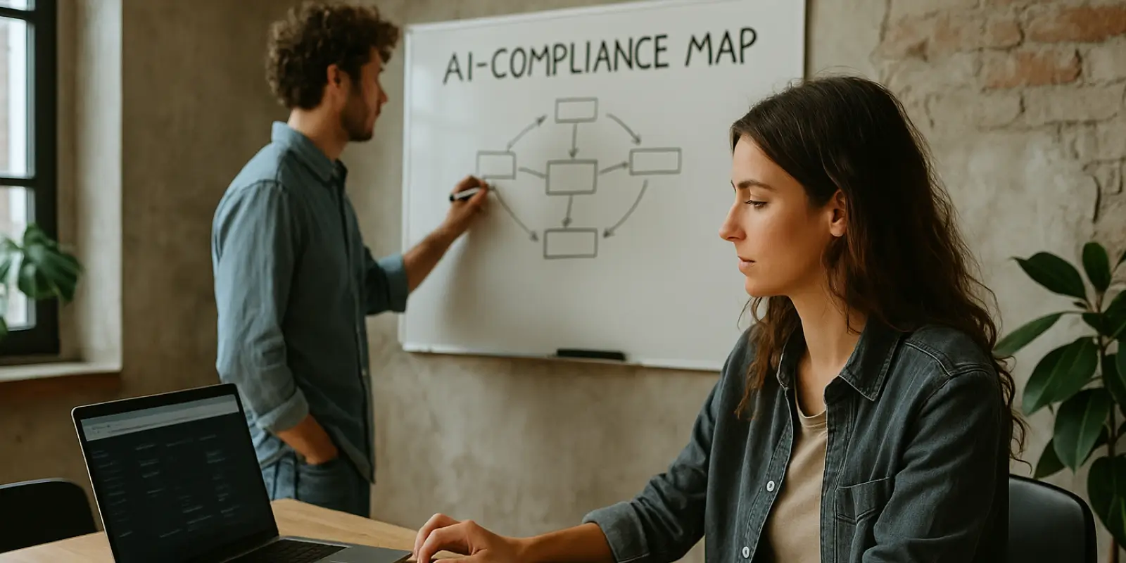 Zwei Gründer arbeiten in an einer AI-Compliance-Map auf dem Whiteboard.