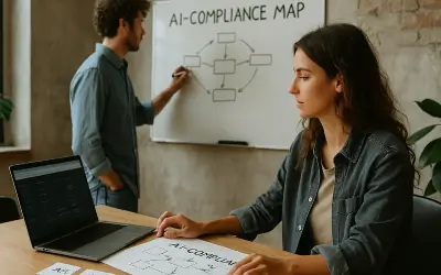 Zwei Gründer arbeiten in an einer AI-Compliance-Map auf dem Whiteboard. 