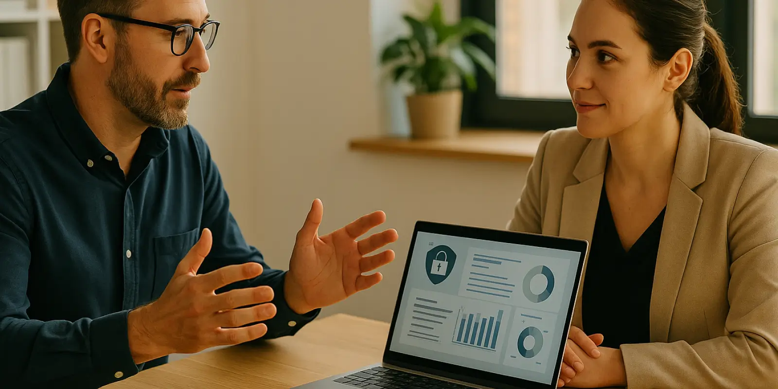 Unternehmerin diskutiert DSGO Bußgelder mit Datenschutzbeauftragten