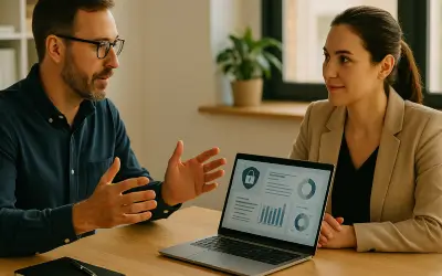 Unternehmerin diskutiert DSGO Bußgelder mit Datenschutzbeauftragten