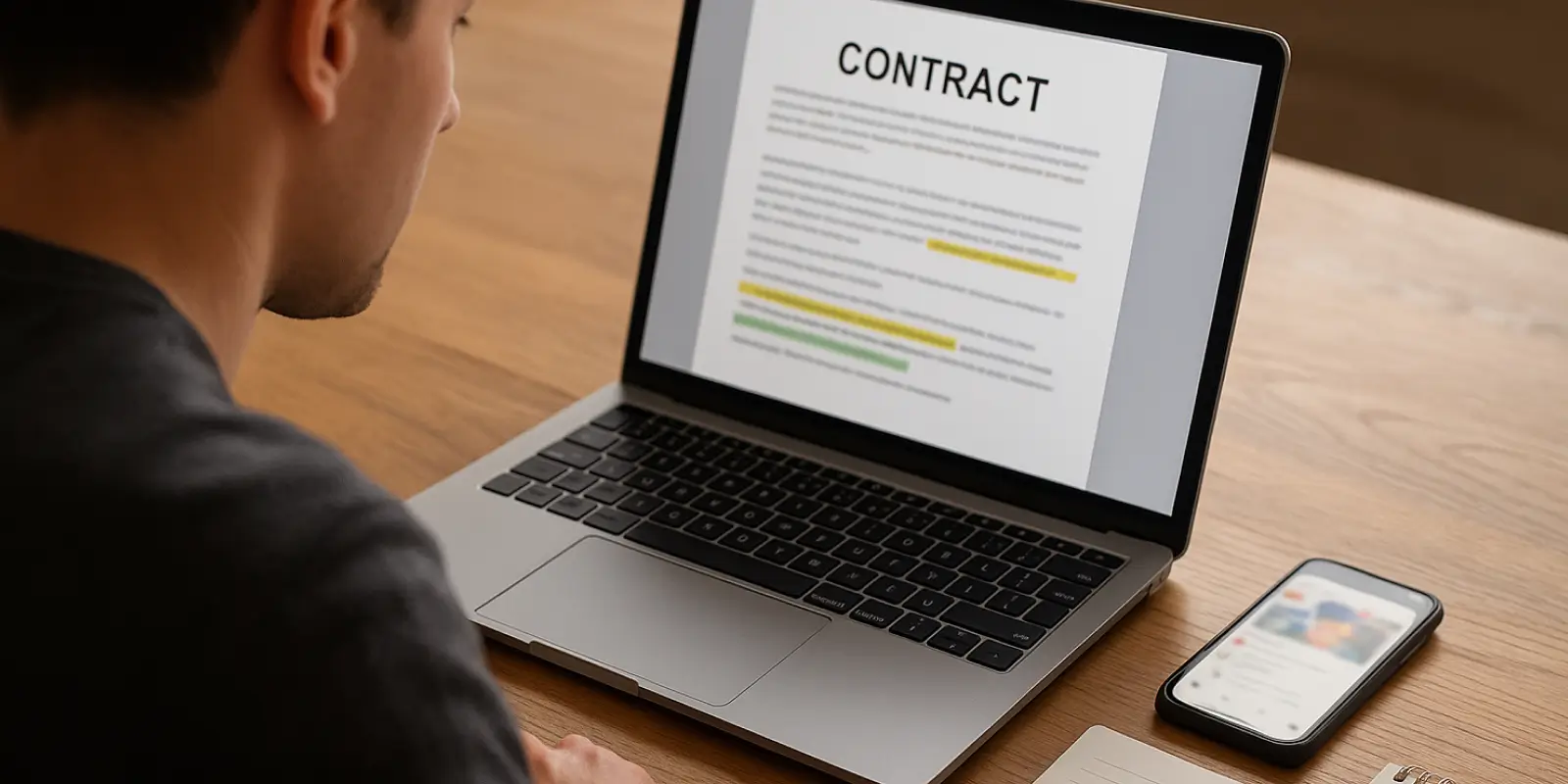 Influencer schaut Vertrag für rechtssicheres Marketing an.