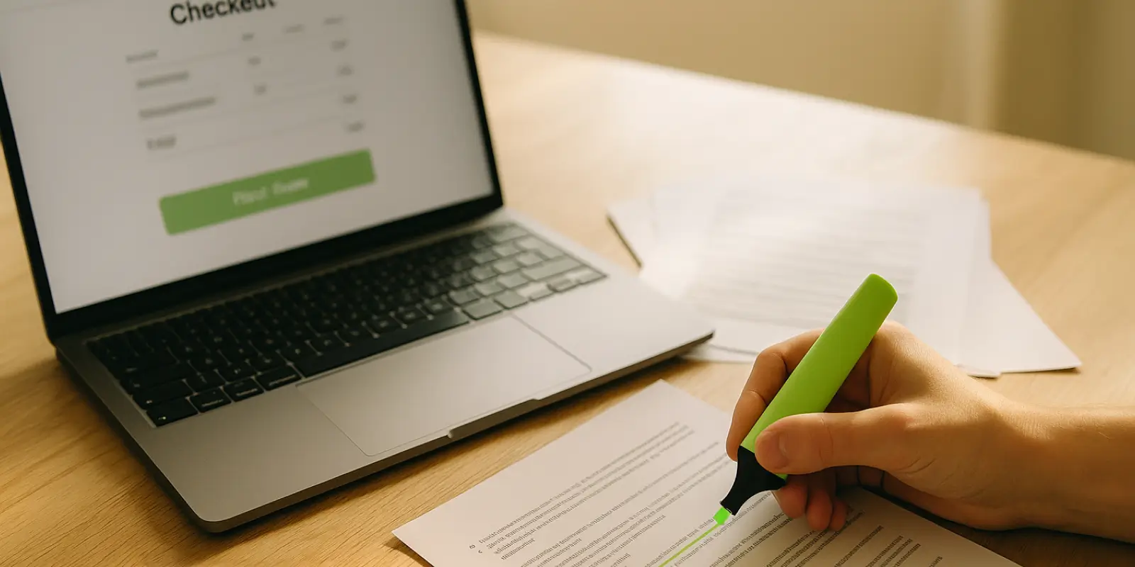 Händler geht e-Commerce Recht Bedingungen durch für seinen Online-Shop