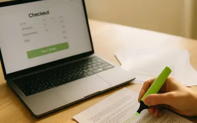 Händler geht e-Commerce Recht Bedingungen durch für seinen Online-Shop