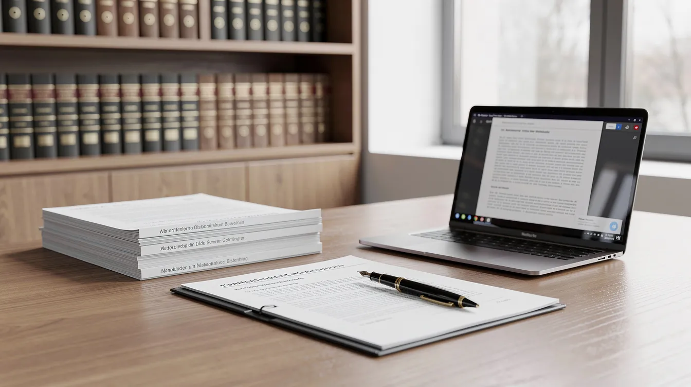 Ein professioneller Arbeitsplatz zeigt einen aufgeräumten Schreibtisch mit juristischen Dokumenten und einem Laptop, der für die Bearbeitung von Themen wie Abmahnungen und Arbeitsrecht genutzt wird. Auf dem Tisch sind auch Notizen und ein Stift zu sehen, die auf eine intensive Auseinandersetzung mit Rechtsfragen hinweisen.
