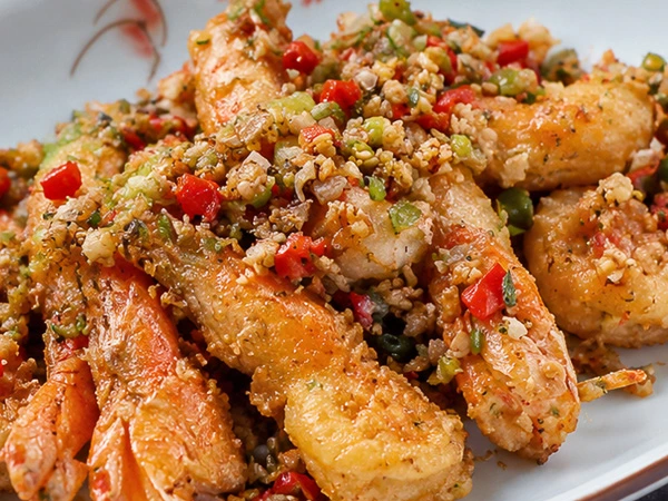 เมนูโต๊ะจีน กุ้งแชบ๊วยคั่วพริกเกลือ