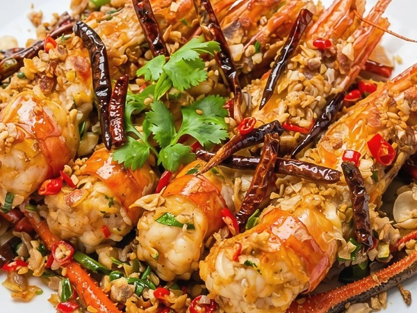 เมนูโต๊ะจีน กุ้งแม่น้ำคั่วพริกเกลือ