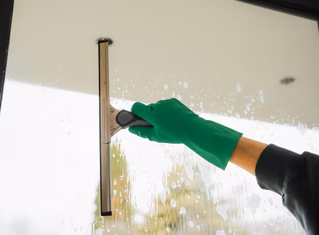 Hand mit grünem Schutzhandschuh reinigt Glasscheibe mit Abzieher. Steht für saubere, fehlerfreie Dokumentation beim Pausen automatisch abziehen.