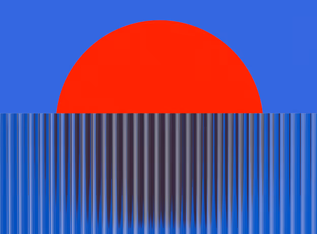 Abstrakte Illustration mit rotem Halbkreis über blau-gestreiftem Hintergrund – symbolisiert das Überschreiten von Grenzen im Kontext des Arbeitszeitgesetzes.