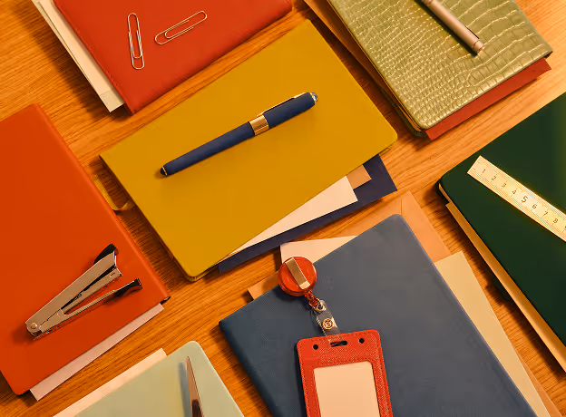 Bunte Notizbücher, Stift und Büromaterialien auf Holztisch – symbolisieren strukturiertes Task Management im Projektalltag.