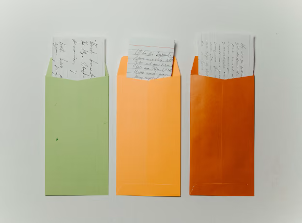 Grüner, gelber und oranger Briefumschlag mit Notizen zu einzelnen Honorarphasen.