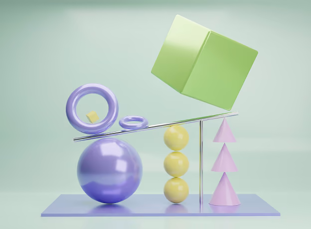 Abstrakte 3D-Waage mit geometrischen Formen symbolisiert das Gleichgewicht zwischen Aufwand und Wert beim Value Based Pricing.