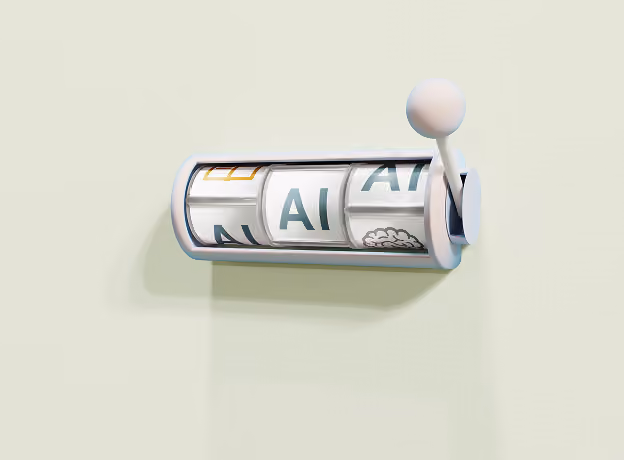 Slot-Machine mit KI-Schriftzug symbolisiert KI-gestützte Automatisierung im Projektgeschäft.