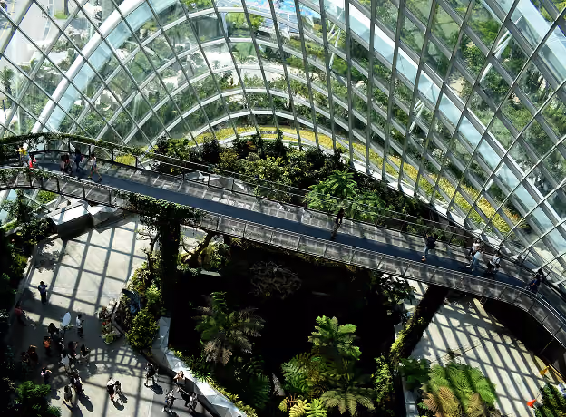Gläserner Gewächshaus-Skywalk mit üppiger Vegetation als Titelbild zum Artikel über CSRD-Datenanfragen im Projektgeschäft