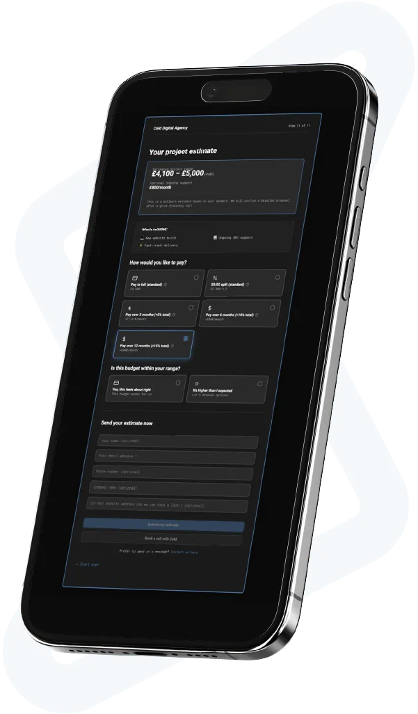 Smartphone displaying a digital project estimate form with pricing options and payment plans.