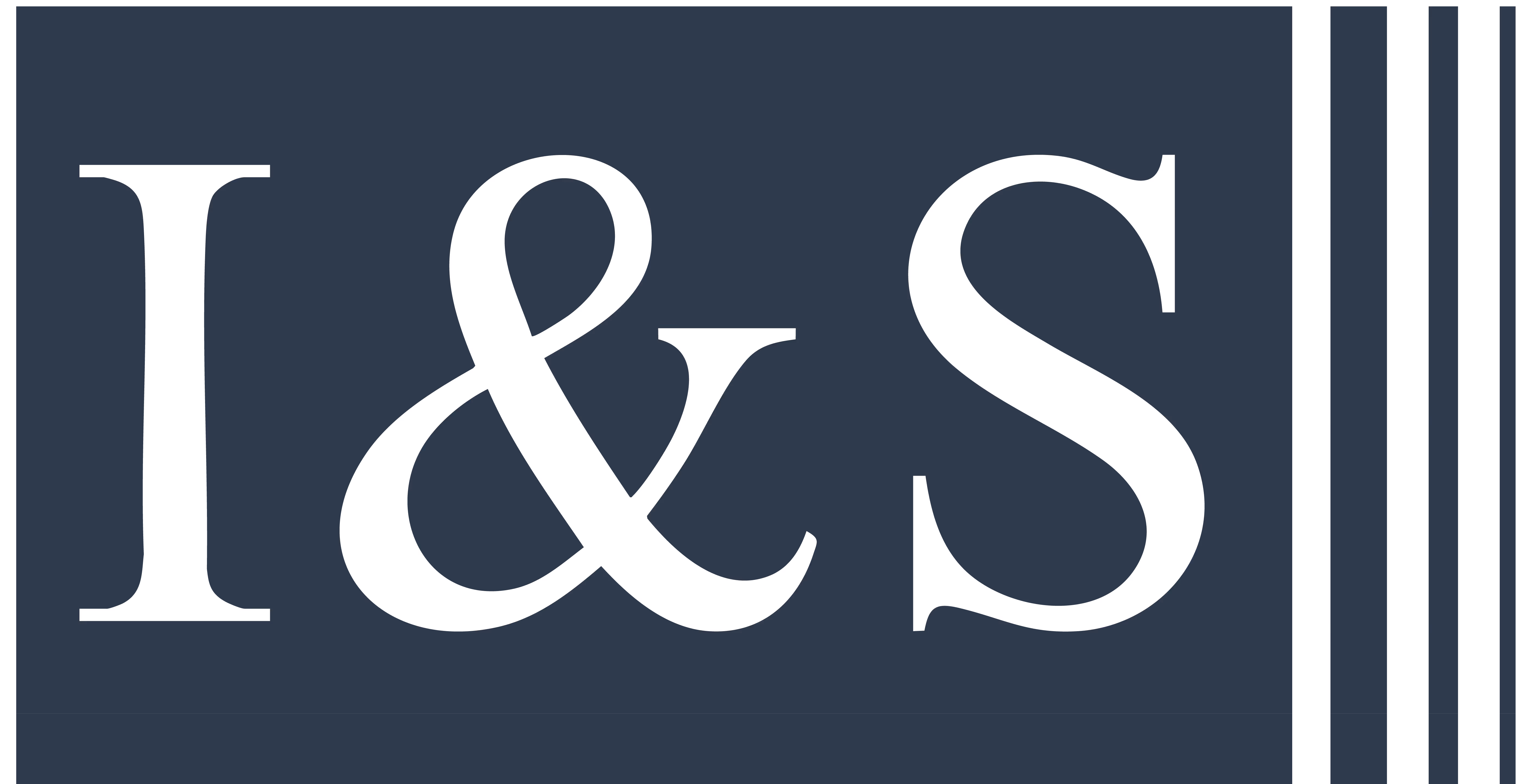 White I & S letters and three vertical stripes on dark blue background.