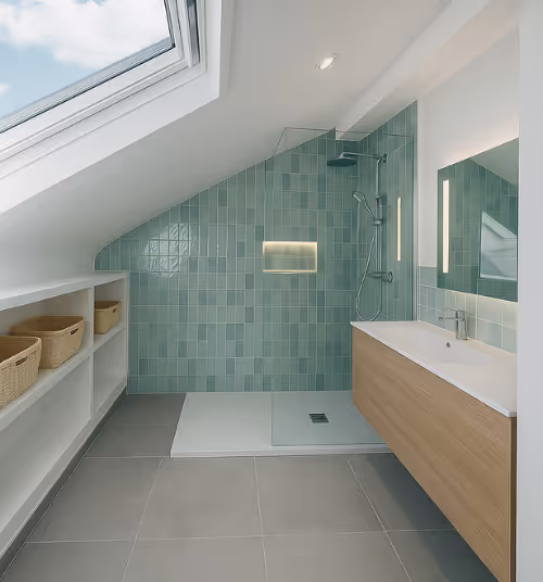 Salle de bain morderne avec douche italienne aménagée sous comble
