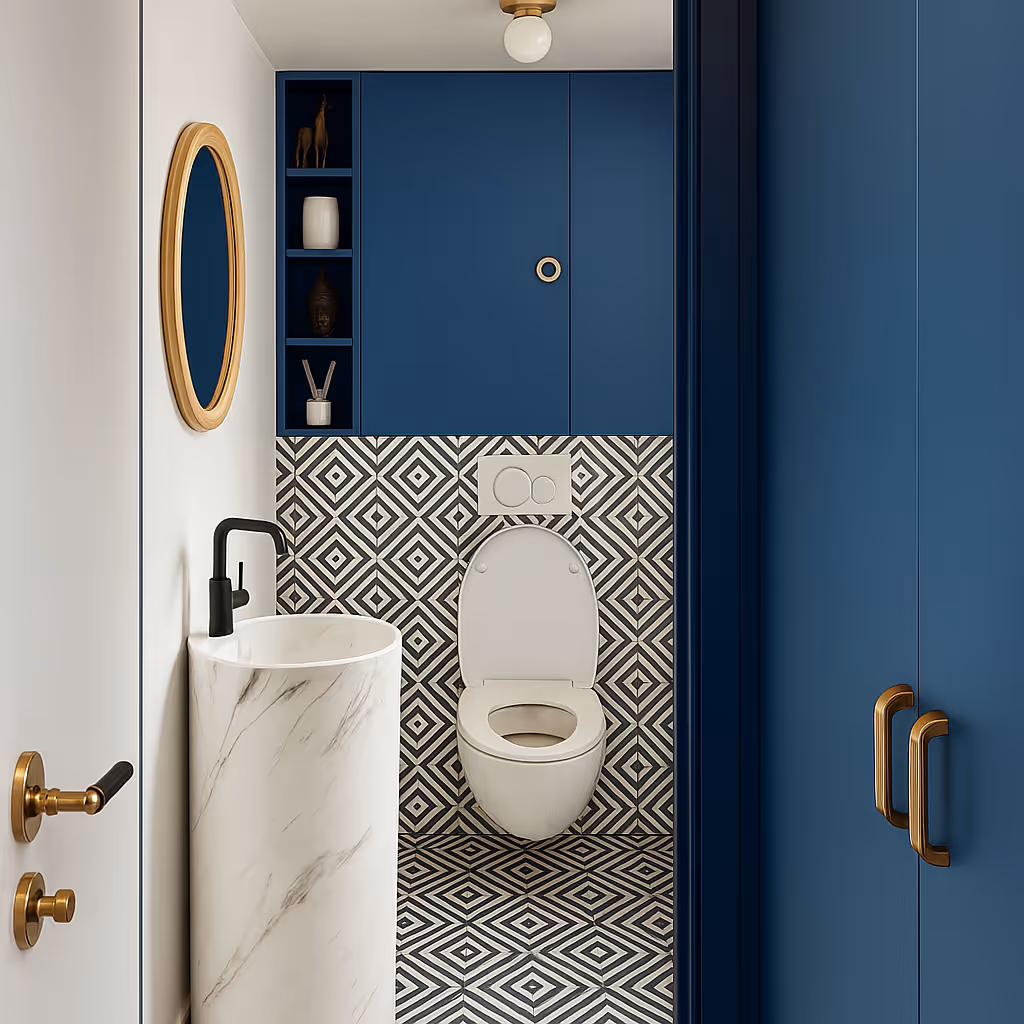 Salle d'eau en mosaique bleu et or