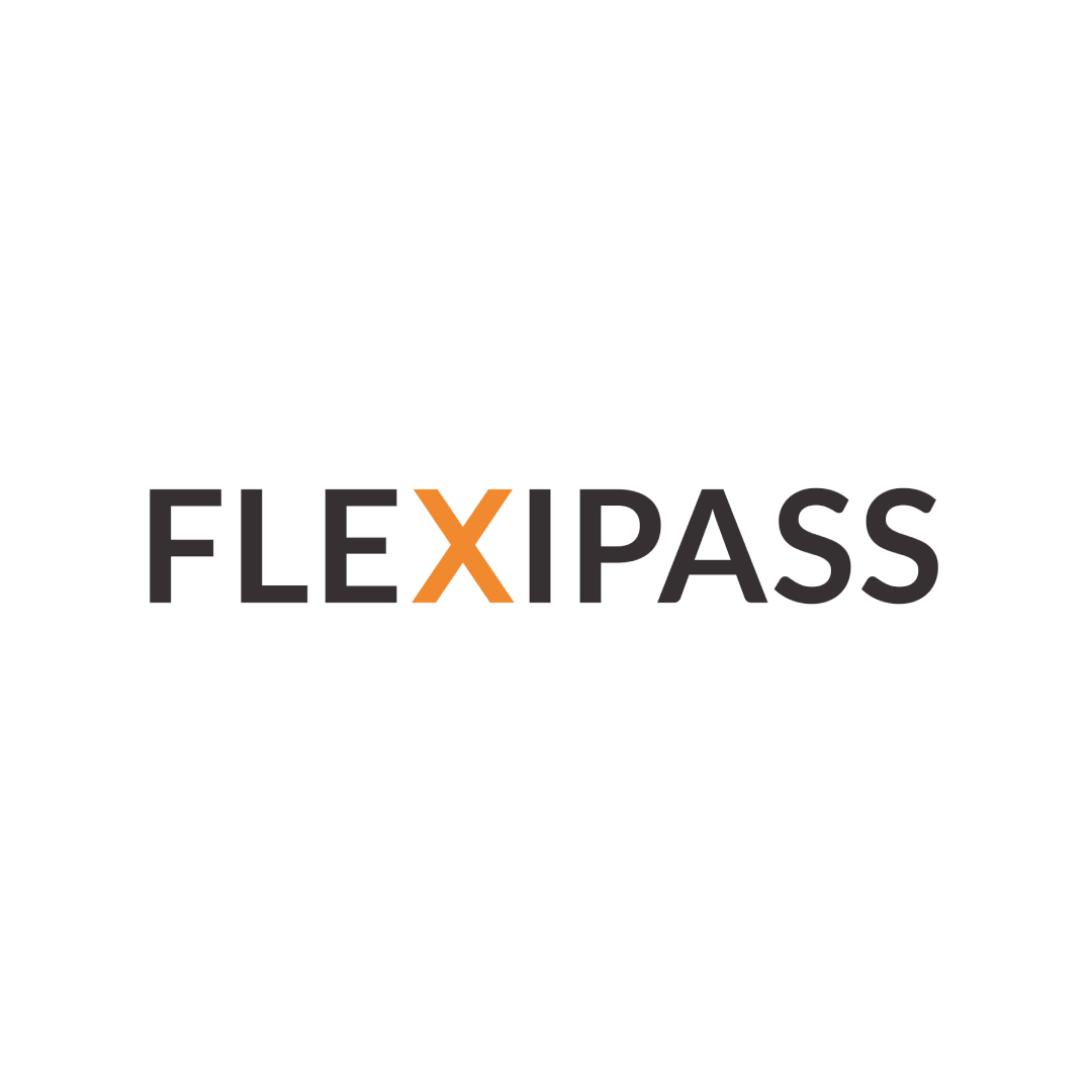 Flexipass logo with 'X' in orange and other letters in black.