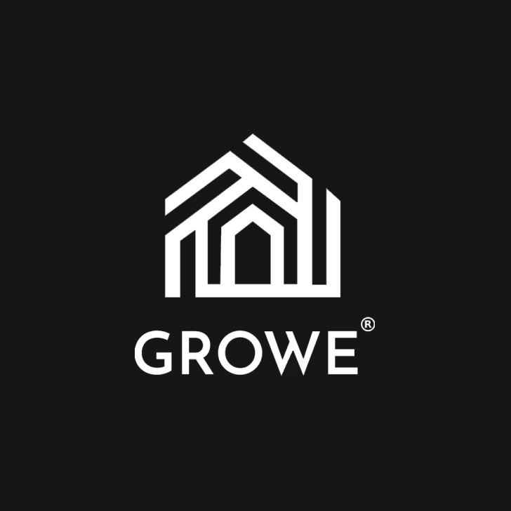White geometric house-shaped logo above the word 'GROWE' on a black background.