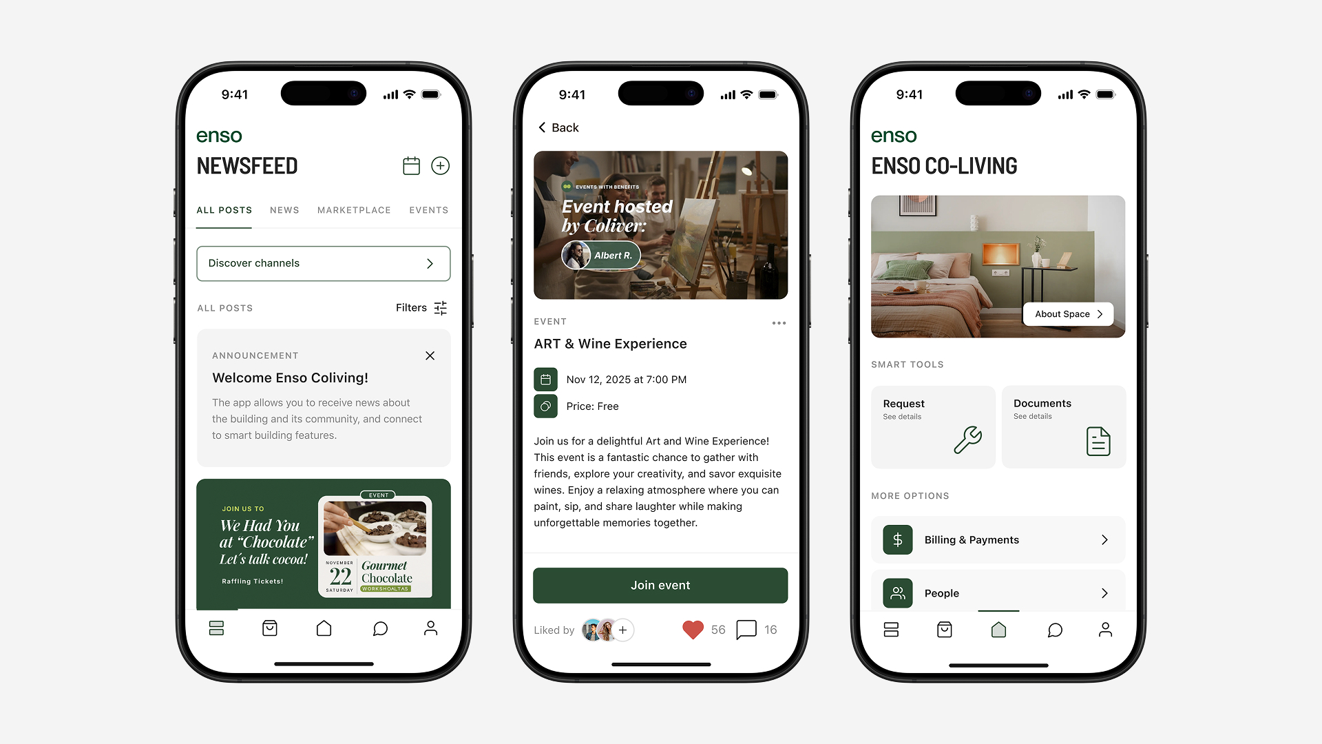 App screens from the Spaceflow resident app for co-livers