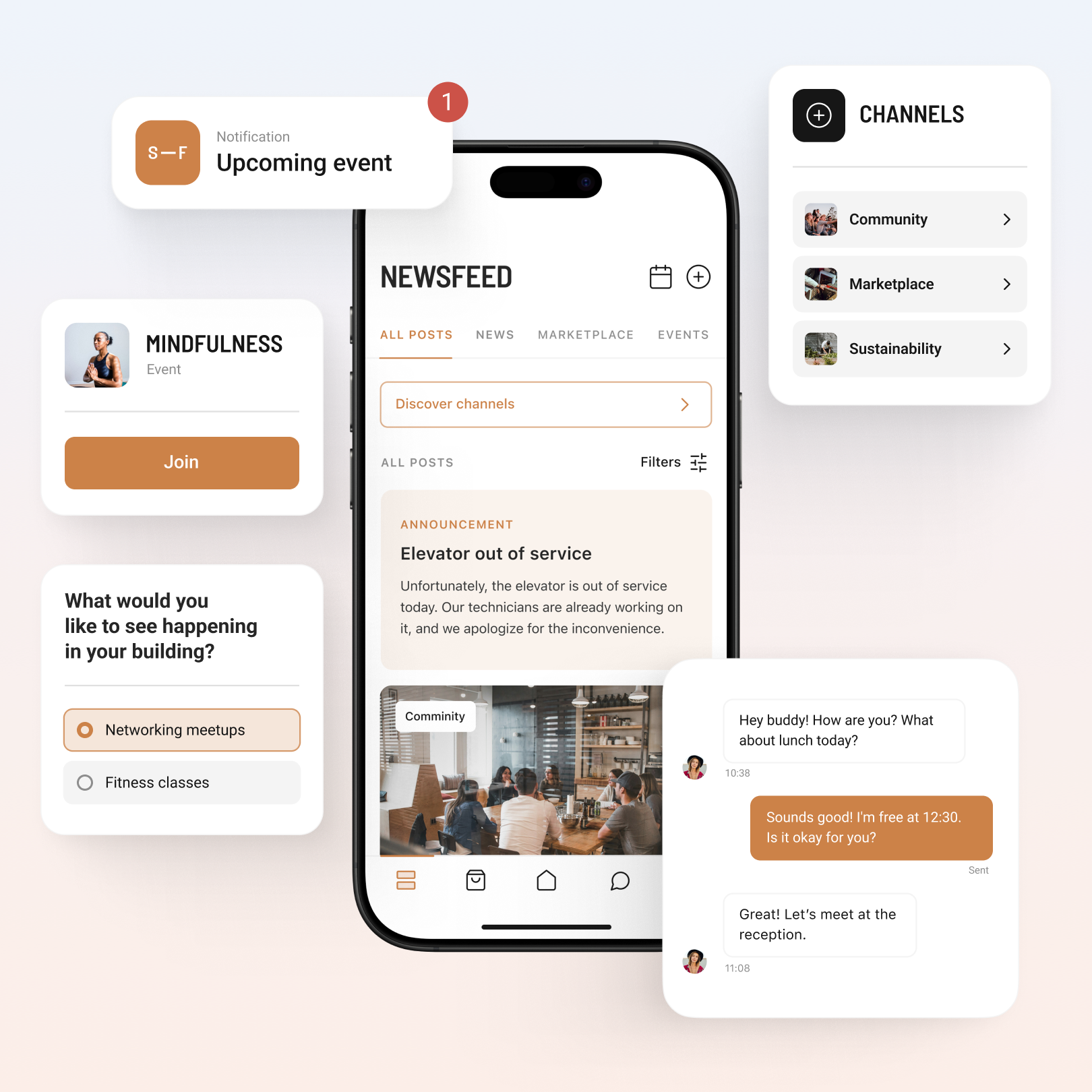 Commmunity building features found in the Spaceflow tenant app