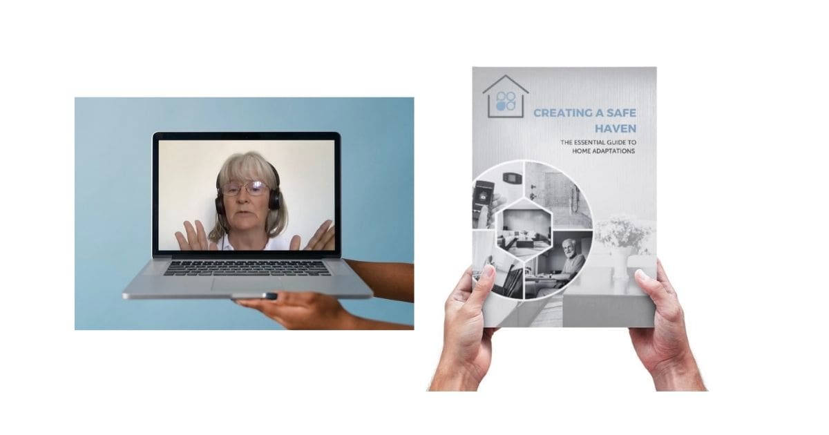 A computer shows a video presentation and a document about home adaptations