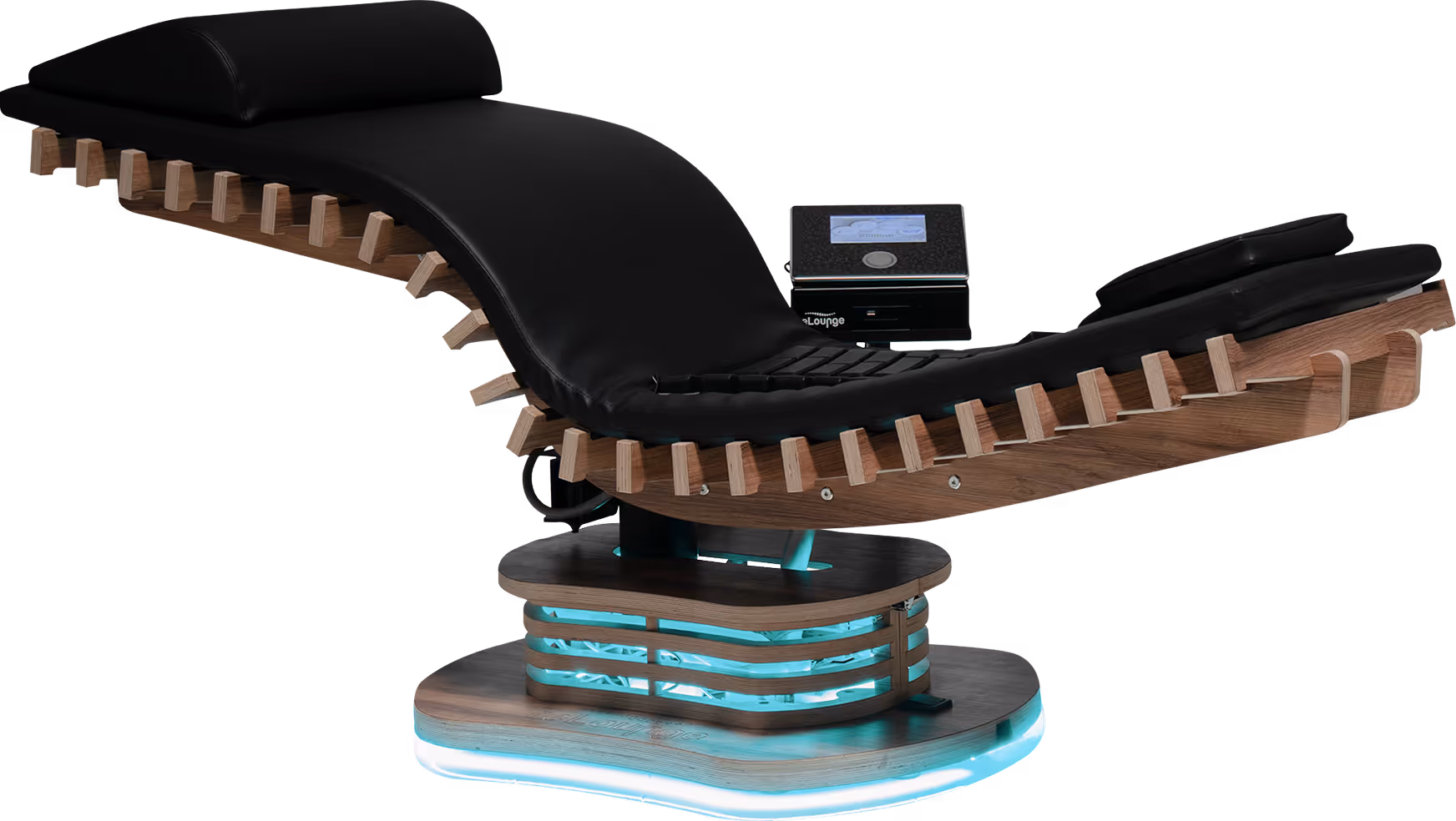 relounge Regenerationsliege mit Holzdesign, Touch-Bedienung und LED-Basis – hochwertige EMS-Wellness für Rücken, Muskeln und Erholung.