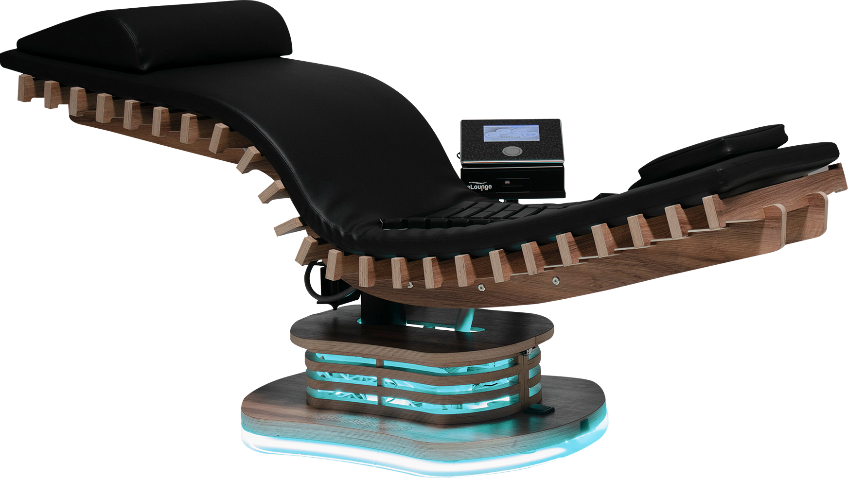relounge Regenerationsliege mit Holzdesign, Touch-Bedienung und LED-Basis – hochwertige EMS-Wellness für Rücken, Muskeln und Erholung.