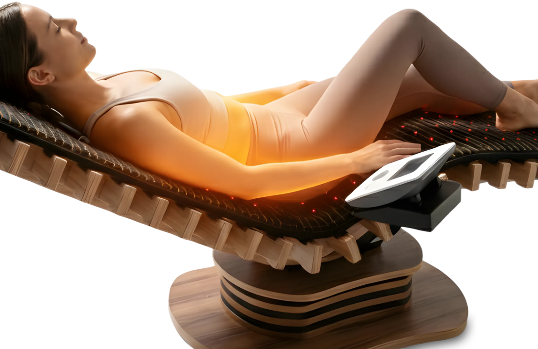 Frau auf relounge Regenerationsliege mit EMS- und Wärmetherapie – gezieltes Core-Training und smarte Muskelentspannung für ganzheitliche Erholung.