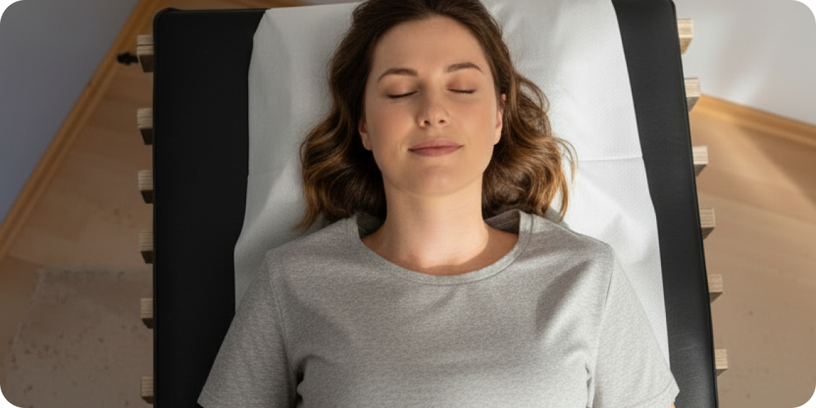 Woman relaxing on a recovery bench after EMS training session with relounge, promoting muscle regeneration, wellness, and smart body recovery.