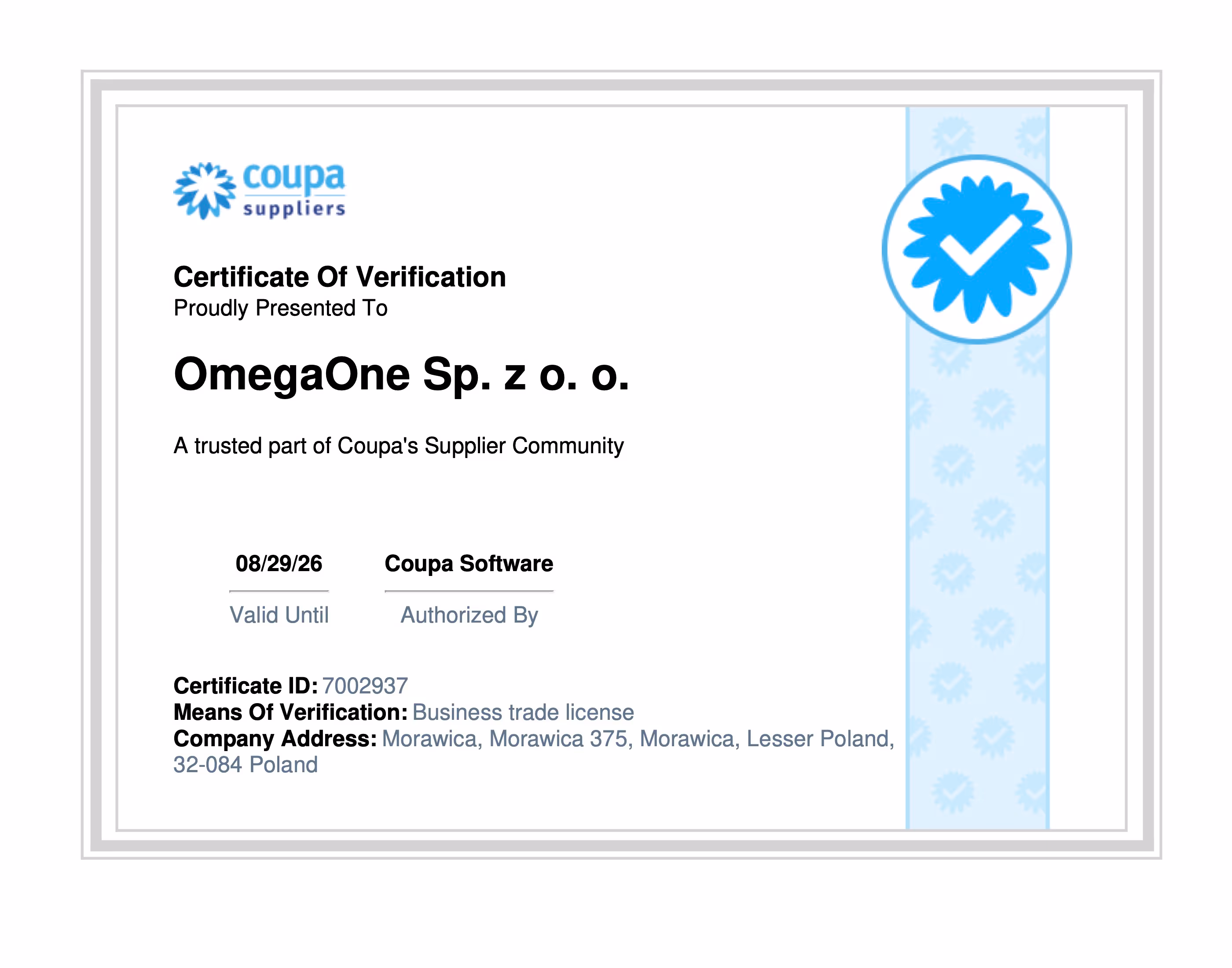 Certyfikat Coupa Suppliers wydany dla OmegaOne