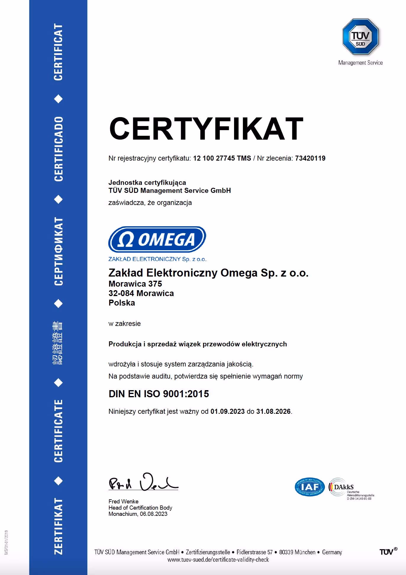 Certyfikat ISO 9001:2015 wydany dla OmegaOne