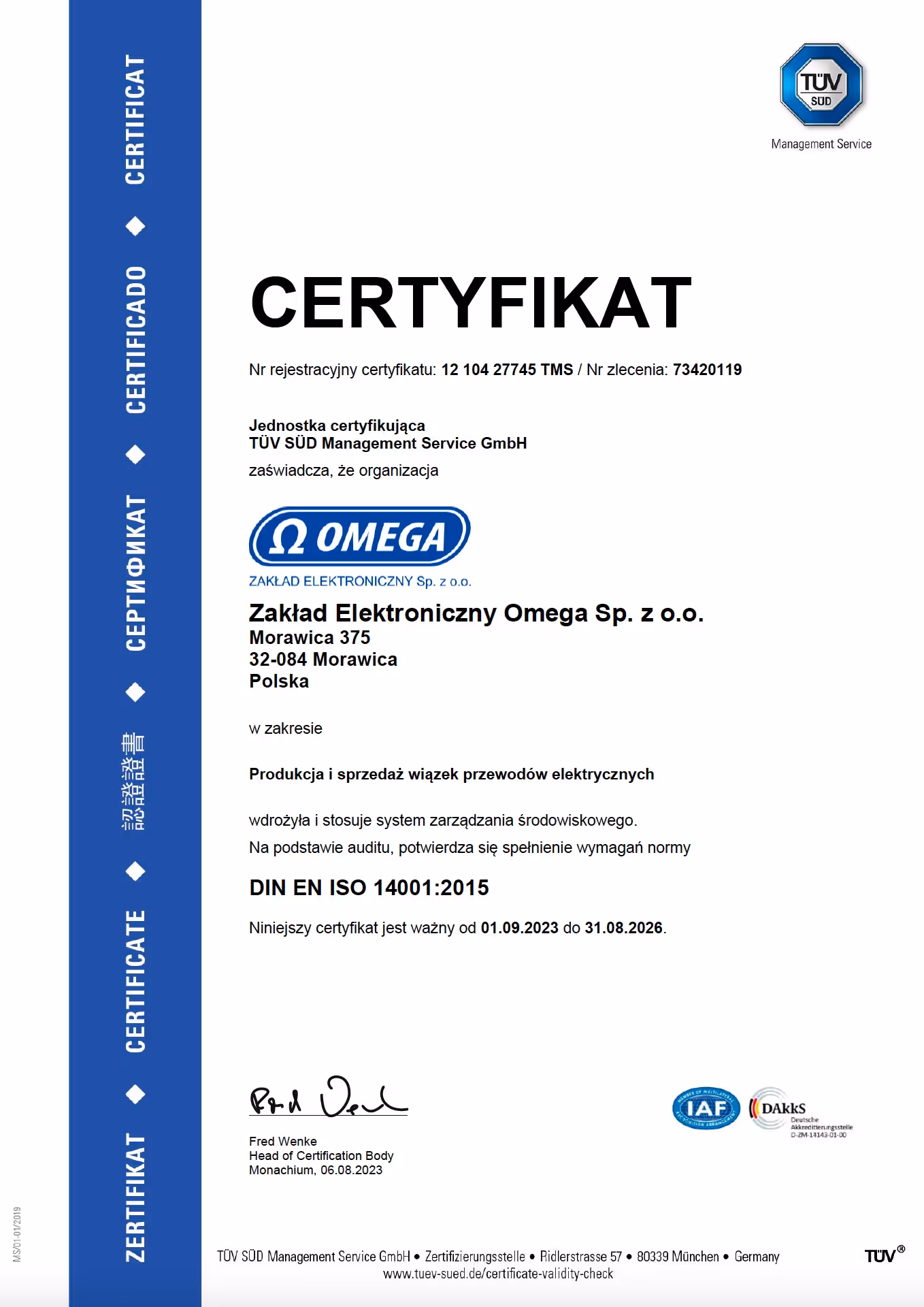Certyfikat ISO 14001:2015 wydany dla OmegaOne