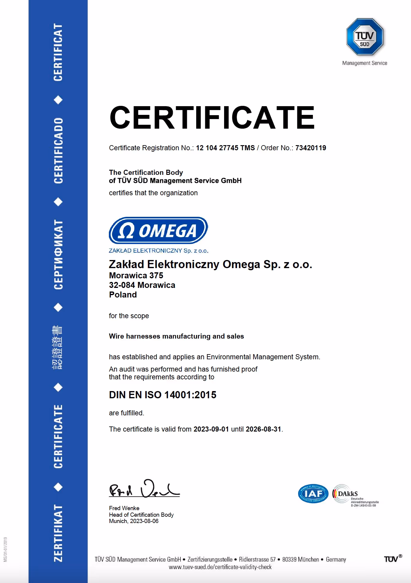 ISO 14001:2015 certificate for OmegaOne