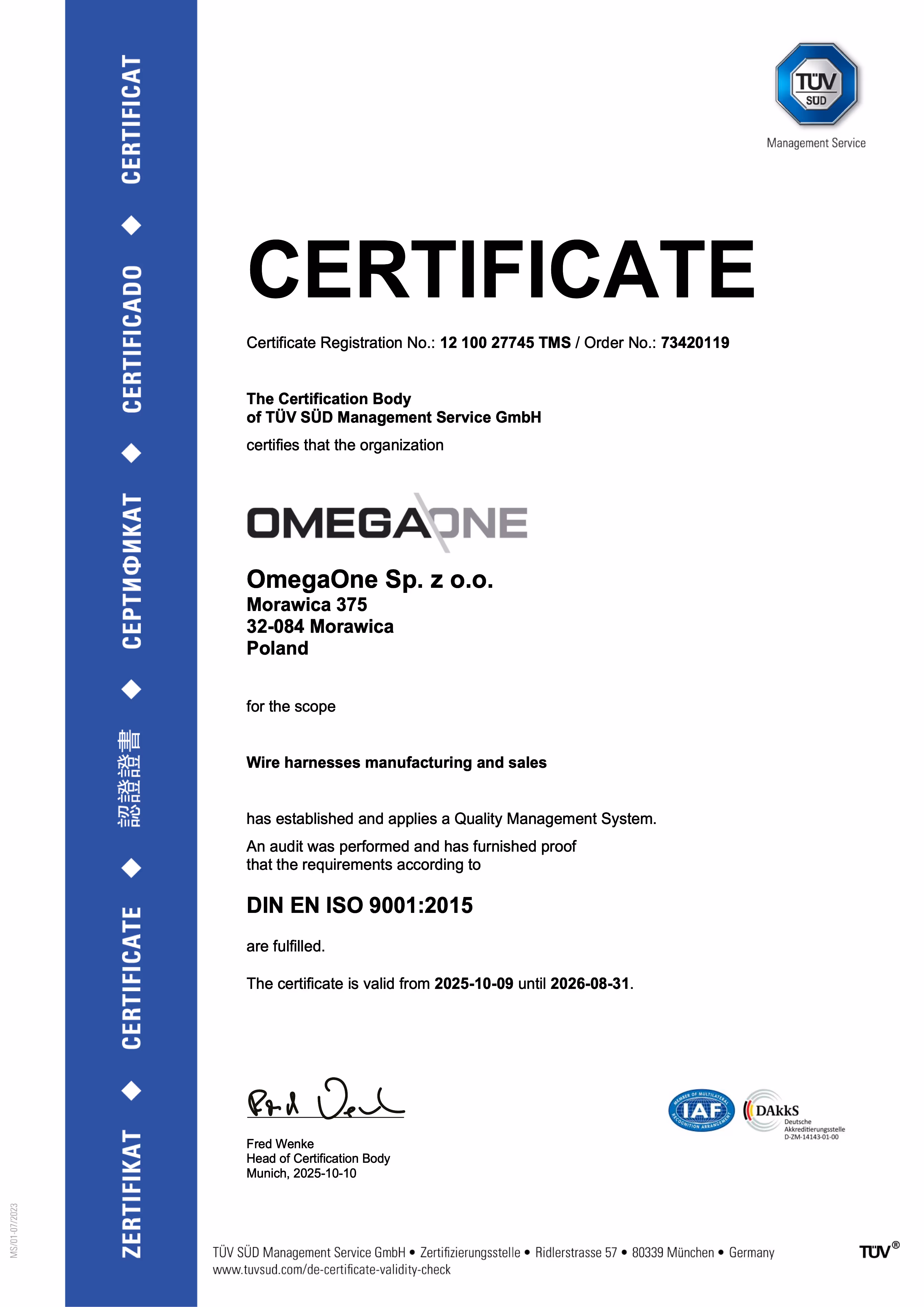  ISO 9001:2015 Certificate for OmegaOne