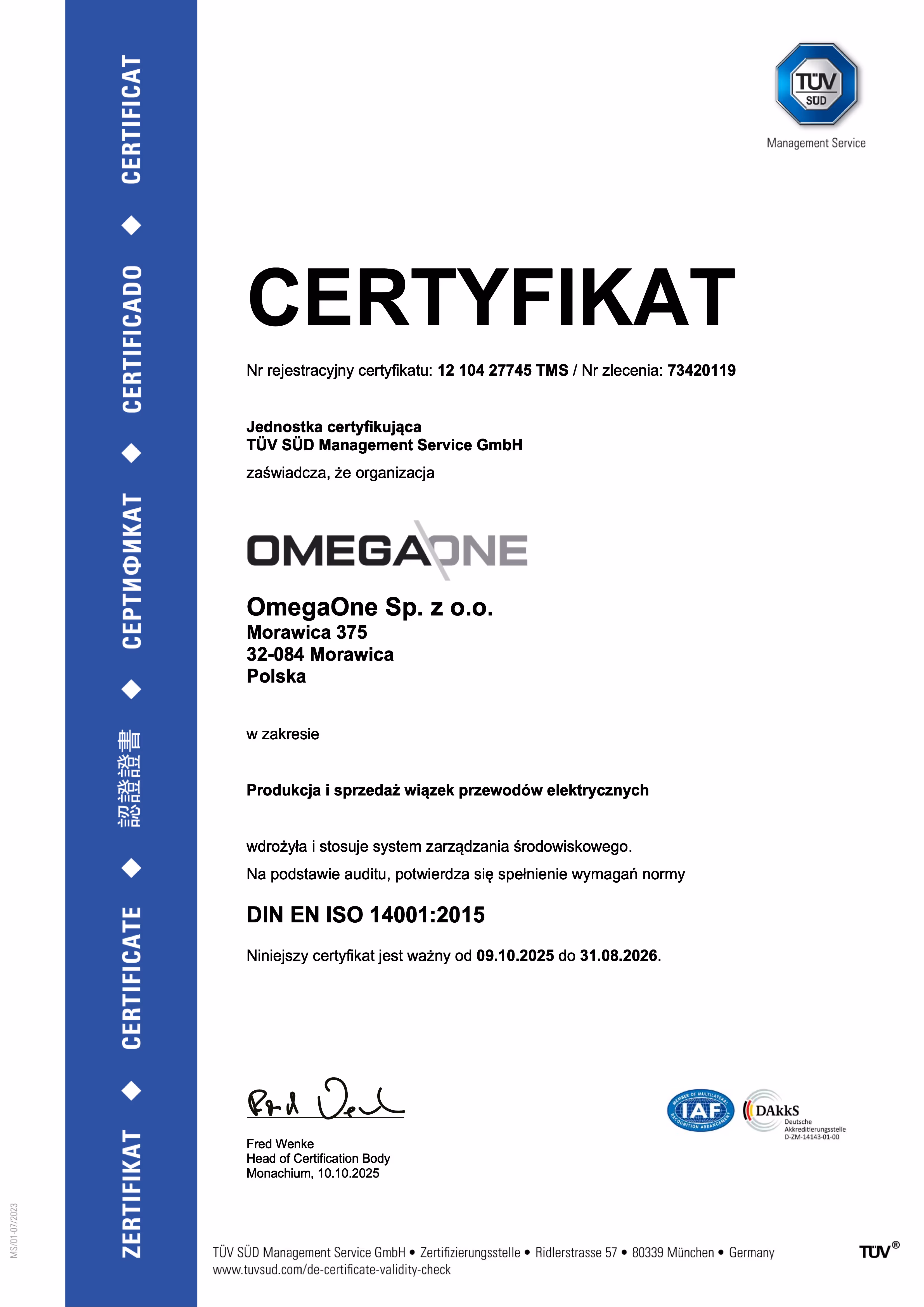 Certyfikat ISO 14001:2015 wydany dla OmegaOne