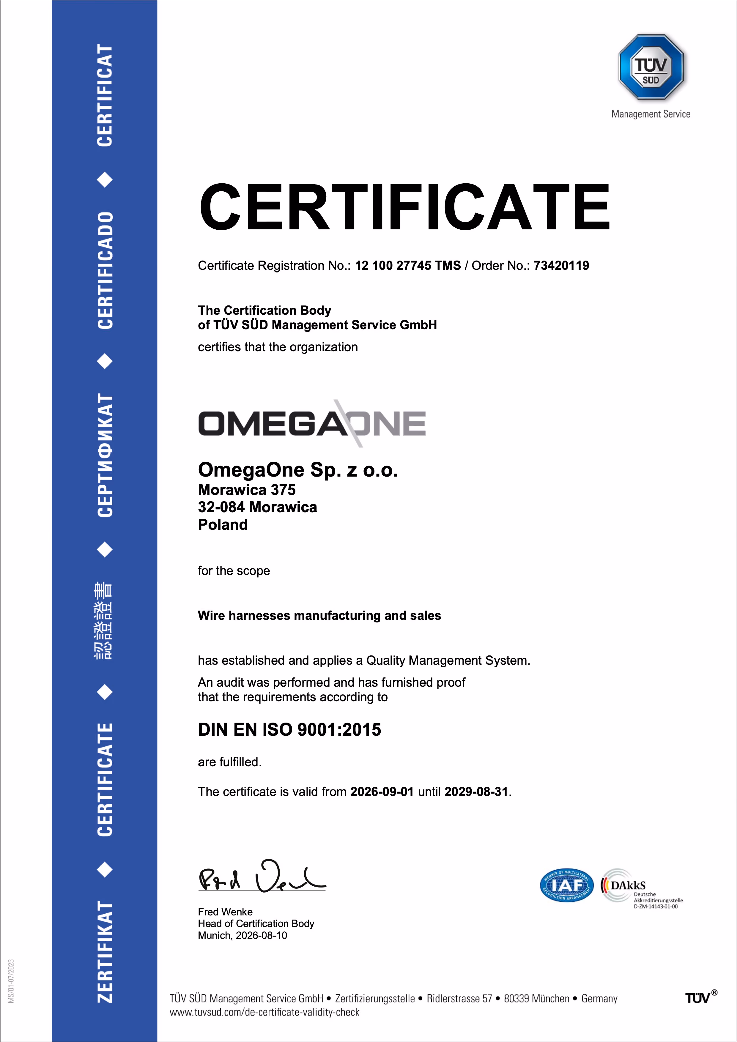  ISO 9001:2015 Certificate for OmegaOne