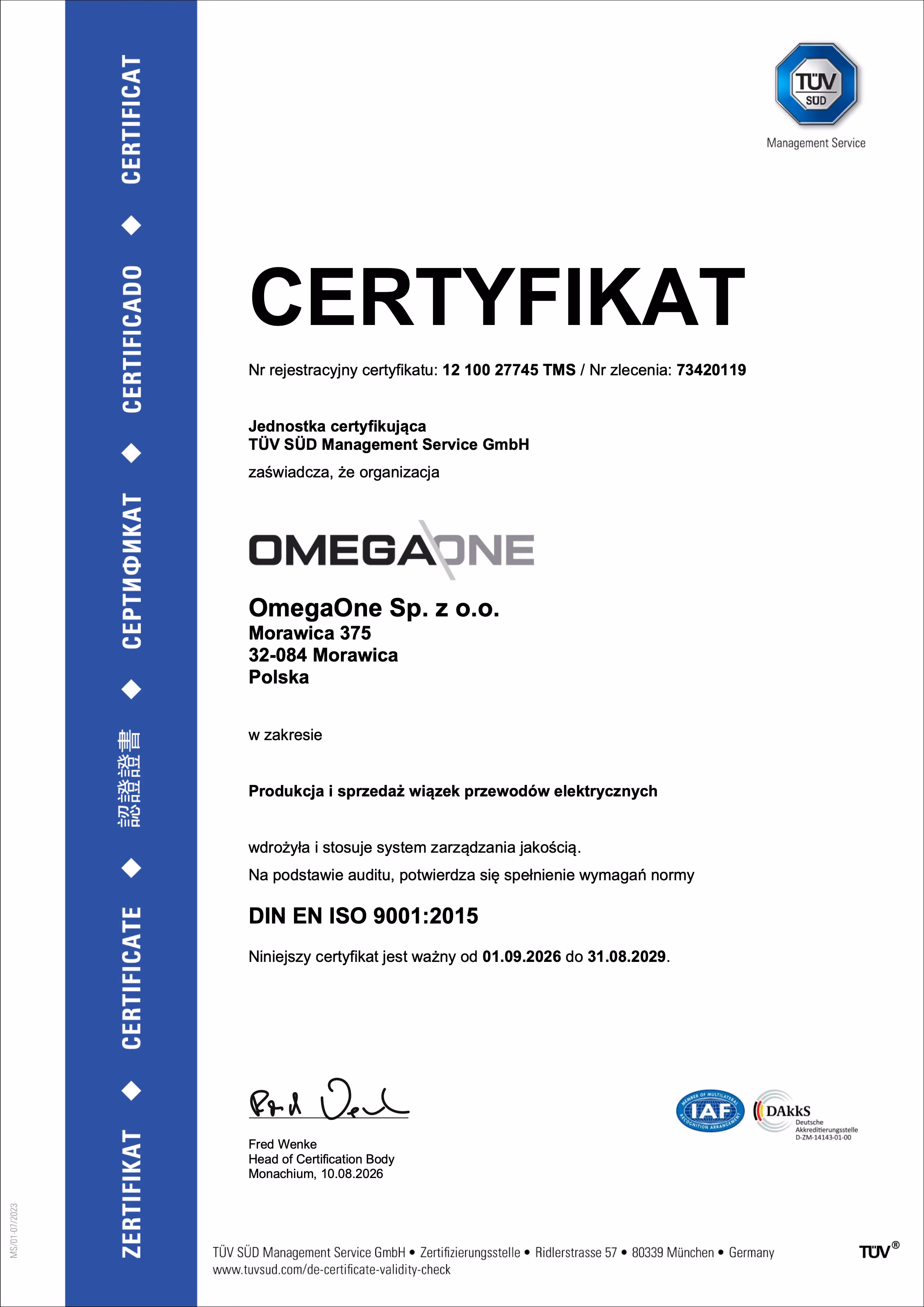 Certyfikat ISO 9001:2015 wydany dla OmegaOne