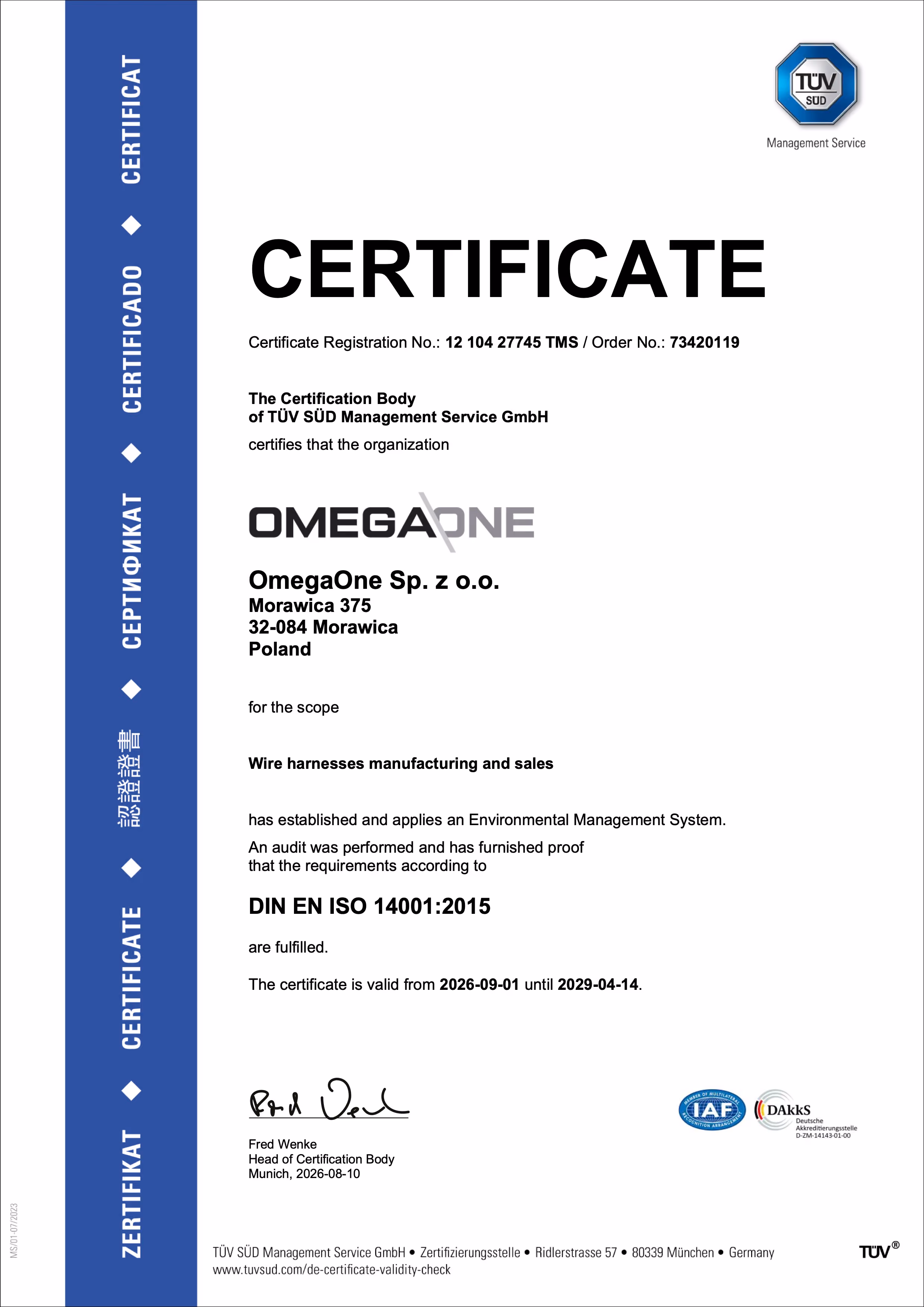 ISO 14001:2015 certificate for OmegaOne