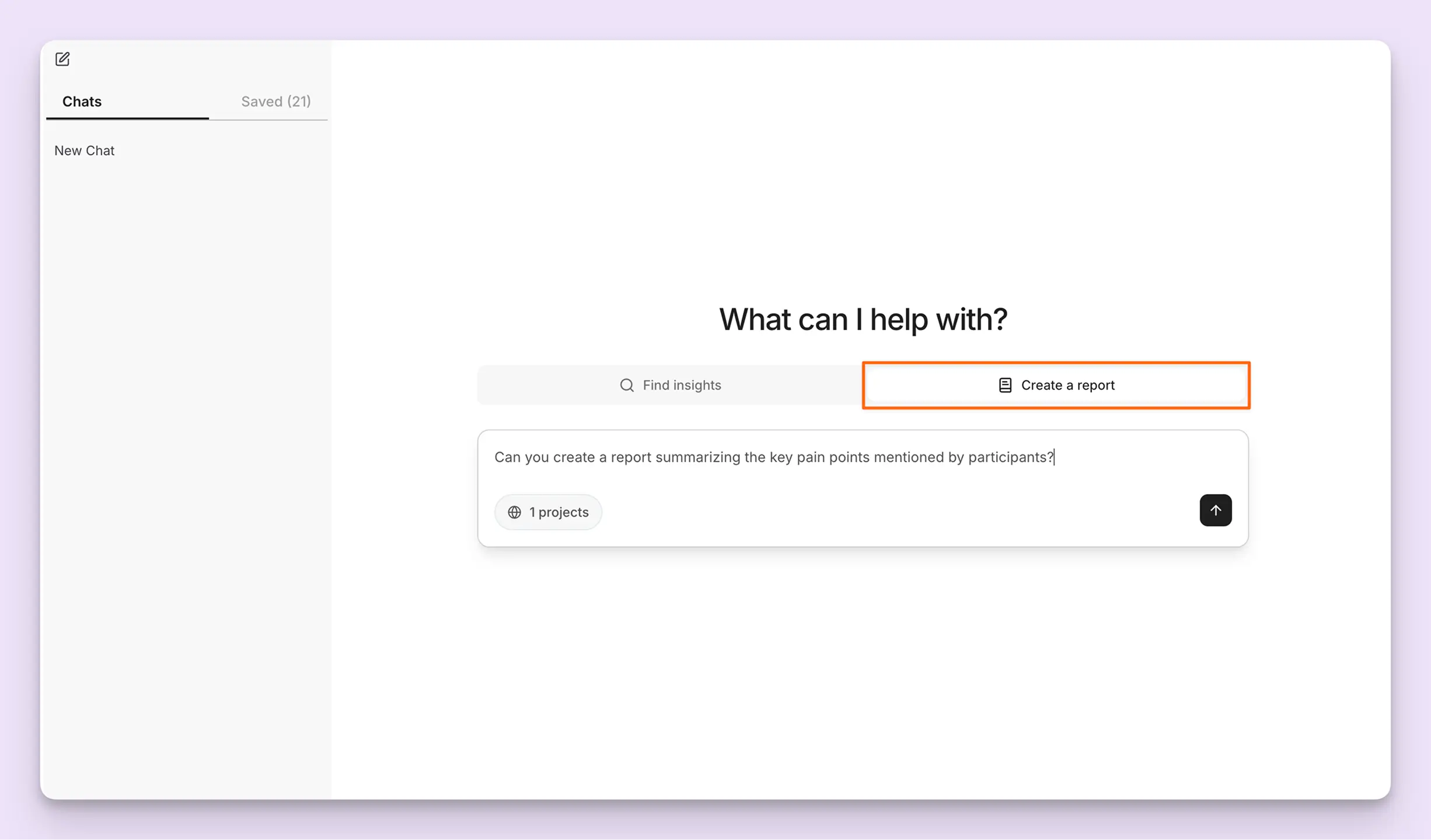 Screenshot of Strella AI Chat feature with orange box around Create a report mode