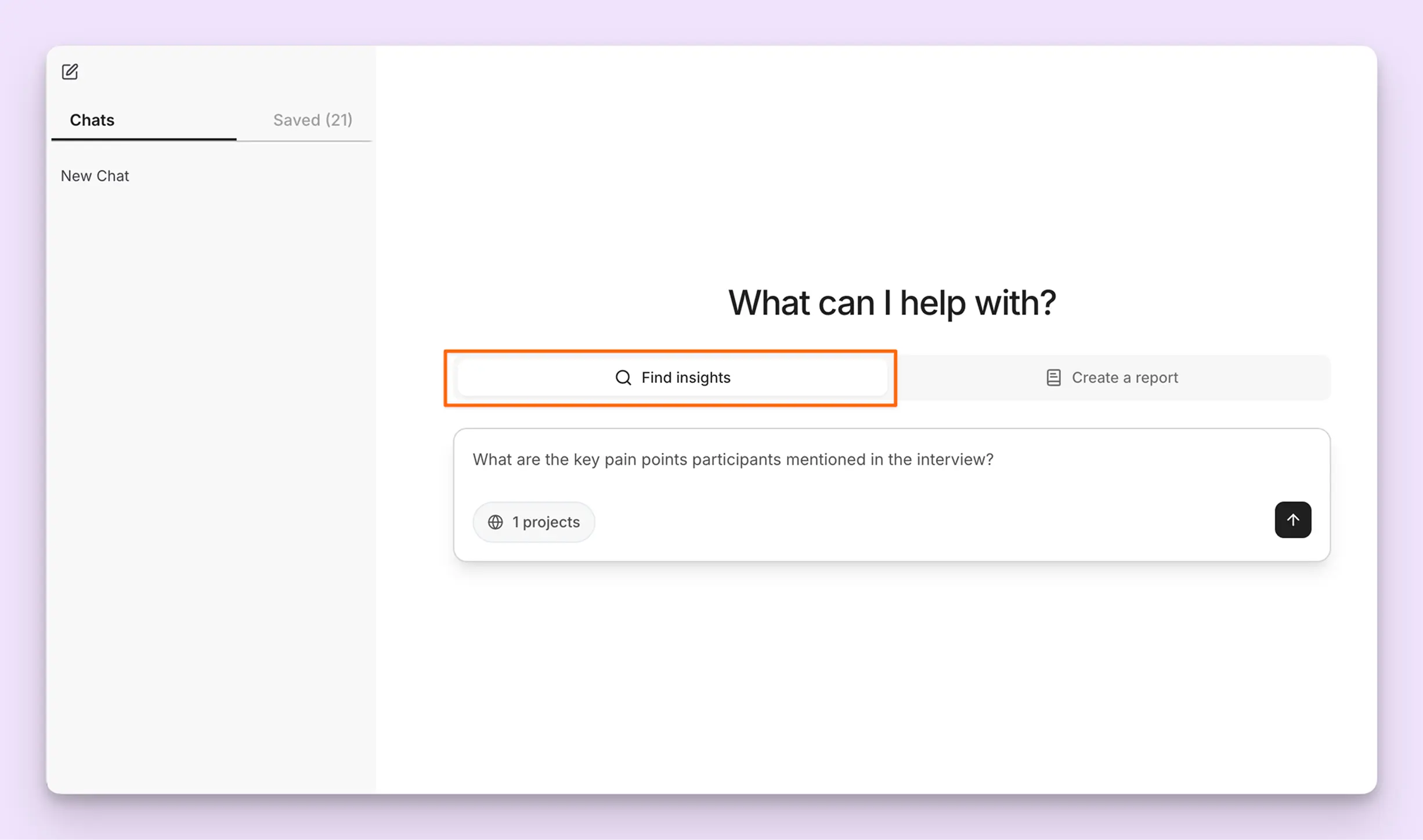 Screenshot of Strella AI Chat feature with orange box around Find insights mode