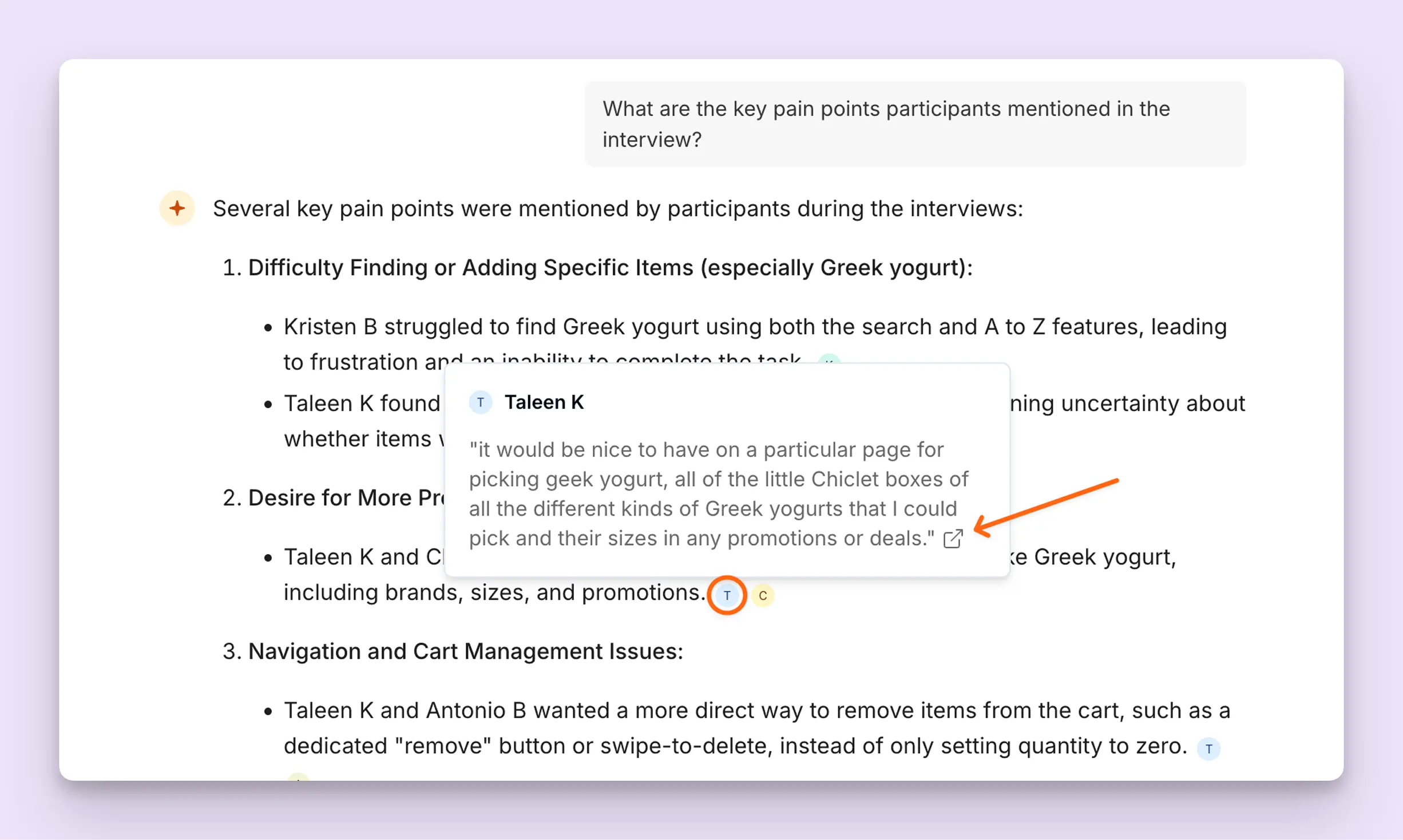 Screenshot of Strella AI Chat with orange circle around participant initials and arrow pointing towards participant quote