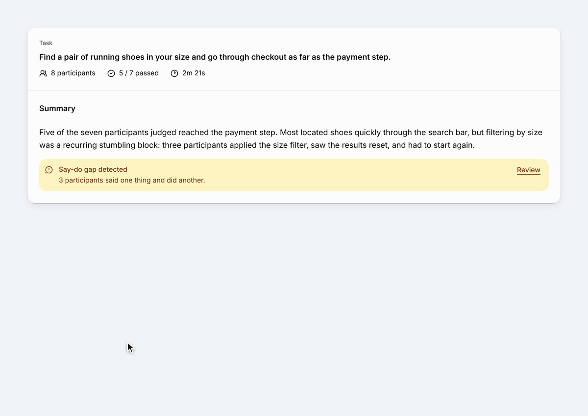 Say-do gap flagged on a usability task in Strella